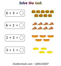 Worksheet. Mathematical puzzle game. Learning mathematics, tasks for addition  for preschool  children. worksheet for preschool kids - vector
