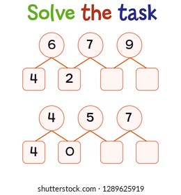 Worksheet. Mathematical puzzle game. Learning mathematics, tasks for addition for preschool children. worksheet for preschool kids - vector