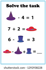 Worksheet. Mathematical puzzle game. Learning mathematics, tasks for addition  for preschool  children. worksheet for preschool kids - vector