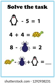 Worksheet. Mathematical puzzle game. Learning mathematics, tasks for addition  for preschool  children. worksheet for preschool kids - vector