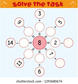 Worksheet. Mathematical puzzle game. Learning mathematics, tasks for addition for preschool children. worksheet for preschool kids - vector - Vektör