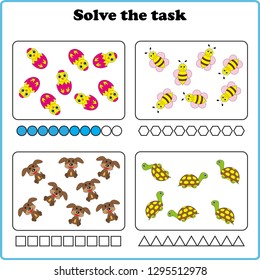 Worksheet. Mathematical puzzle game. Learning mathematics, tasks for addition  for preschool  children. worksheet for preschool kids - vector