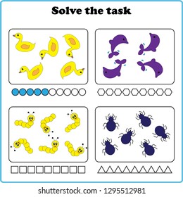 Worksheet. Mathematical puzzle game. Learning mathematics, tasks for addition  for preschool  children. worksheet for preschool kids - vector