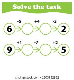 Worksheet. Mathematical puzzle game. Learning mathematics, tasks for addition  for preschool  children. worksheet for preschool kids - vector