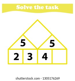 Worksheet. Mathematical puzzle game. Learning mathematics, tasks for addition  for preschool  children. worksheet for preschool kids - vector
