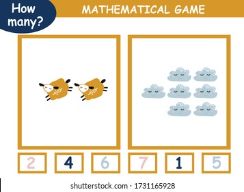 worksheet . Mathematics task. How many objects. Learning mathematics, numbers. Tasks for addition (counting) for preschool kids, children.