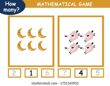 worksheet . Mathematics task. How many objects. Learning mathematics, numbers. Tasks for addition (counting) for preschool kids, children.