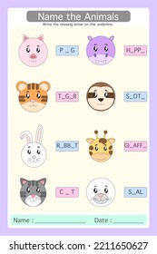 Worksheet Name the Animals. write the missing letter on the underline. Learning materials for kindergarten.