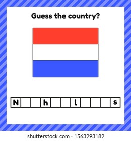 Worksheet on geography for preschool and school kids. Crossword. Netherlands flag. Cuess the country. Vector illustration.