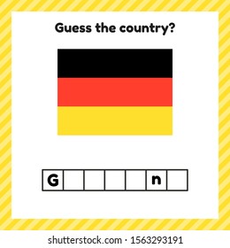 Worksheet on geography for preschool and school kids. Crossword. Germany flag. Cuess the country. Vector illustration.