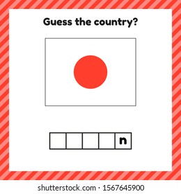 Worksheet on geography for preschool and school kids. Crossword. Japan flag. Cuess the country. Vector illustration.