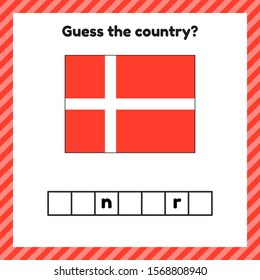Worksheet on geography for preschool and school kids. Crossword. Denmark flag. Cuess the country. Vector illustration.