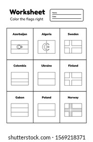 Worksheet on geography for preschool and school kids. Color the flags right. Coloring page. Vector illustration.