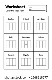 Worksheet on geography for preschool and school kids. Color the flags right. Coloring page. Vector illustration.