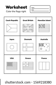 Worksheet on geography for preschool and school kids. Color the flags right. Coloring page. Vector illustration.