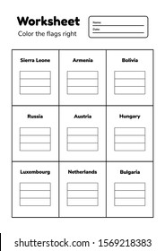 Worksheet on geography for preschool and school kids. Color the flags right. Coloring page. Vector illustration.