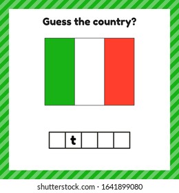 Worksheet on geography for preschool and school kids. Crossword. Italy flag. Cuess the country. Vector illustration.