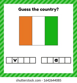 Worksheet on geography for preschool and school kids. Crossword. Ivory coast flag. Cuess the country. Vector illustration.
