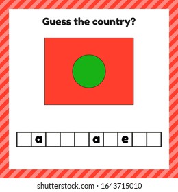 Worksheet on geography for preschool and school kids. Crossword. Bangladesh flag. Cuess the country. Vector illustration.