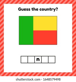 Worksheet on geography for preschool and school kids. Crossword. Benin flag. Cuess the country. Vector illustration.