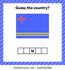 Worksheet on geography for preschool and school kids. Crossword. Aruba flag. Cuess the country. Vector illustration.