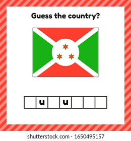 Worksheet On Geography For Preschool And School Kids. Crossword. Burundi Flag. Cuess The Country. Vector Illustration.