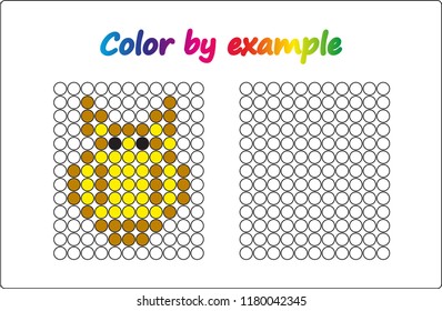 Worksheet.  owl  - puzzle task, game for preschool  kids. Color by example. Coloring book. Vector illustration. Paint the circles.