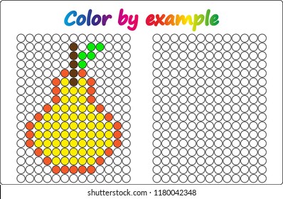 Worksheet.  pear - puzzle task, game for preschool  kids. Color by example. Coloring book. Vector illustration. Paint the circles.