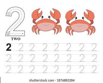 Worksheet for practice writing number2.Learning  number 2 with cute crabs.