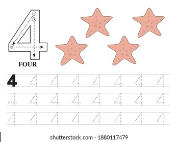 Worksheet for practice writing number4.Learning number 4 with cute starfishes.