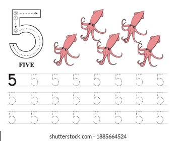 Worksheet for practice writing number5.Learning  number 5 with cute squids.
