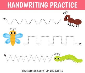 Worksheet for practicing fine kids motor skills. Handwriting practice. Educational game for kids. Insects. Butterfly, caterpillar and ant.