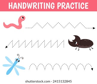 Worksheet for practicing fine kids motor skills. Handwriting practice. Educational game for kids. Insects. Worm, dragonfly and rhinoceros beetle.