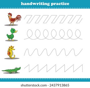 Worksheet for practicing fine kids motor skills. Handwriting practice with wild animals. Vector
