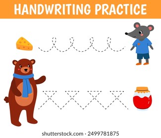 Worksheet for practicing fine kids motor skills. Handwriting practice. Educational game for kids. Insects. Bear and mouse. Vector cartoon illustration.