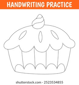 Worksheet for practicing fine kids motor skills. Handwriting practice. Educational game for kids. Cute pumpkin pie. Vector cartoon illustration.