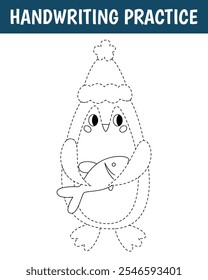 Worksheet for practicing fine kids motor skills. Handwriting practice. Winter educational game for kids. Cute penguin in hat. Vector cartoon illustration.