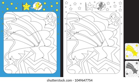 Worksheet for practicing fine motor skills - color only fields with dot - finish the illustration of a shooting star