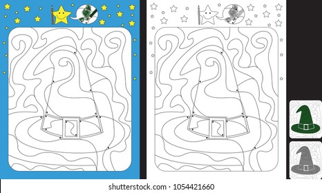 Worksheet for practicing fine motor skills - color only fields with dot - finish the illustration of a witch hat