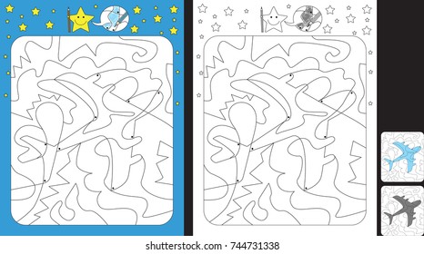 Worksheet for practicing fine motor skills - color only fields with dot - finish the illustration of an airplane