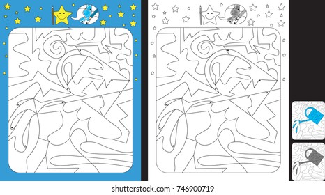 Worksheet for practicing fine motor skills - color only fields with dot - finish the illustration of a watering can