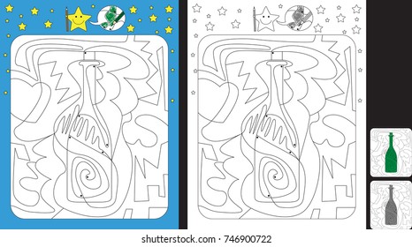 Worksheet for practicing fine motor skills - color only fields with dot - finish the illustration of a bottle