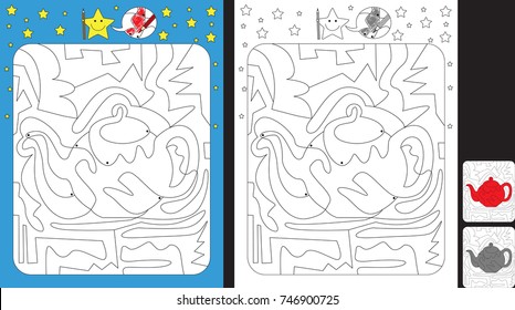 Worksheet for practicing fine motor skills - color only fields with dot - finish the illustration of a tea pot