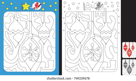 Worksheet for practicing fine motor skills - color only fields with dot - finish the illustration of Christmas ornaments