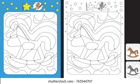 Worksheet for practicing fine motor skills - color only fields with dot - finish the illustration of a rocking horse