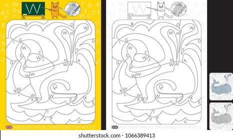 Worksheet for practicing letter recognition and fine motor skills - color only fields with letter W - finish the illustration of a whale