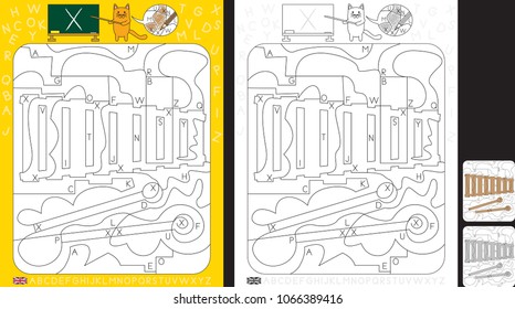 Worksheet for practicing letter recognition and fine motor skills - color only fields with letter X - finish the illustration of a xylophone