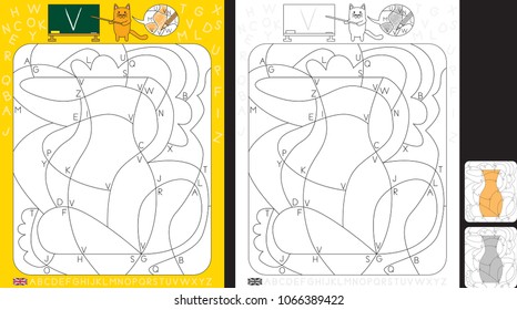 Worksheet for practicing letter recognition and fine motor skills - color only fields with letter V - finish the illustration of vase 