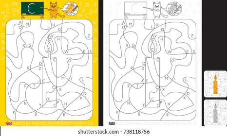 Worksheet for practicing letter recognition and fine motor skills - color only fields with letter C - finish the illustration of candle