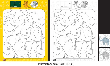 Worksheet for practicing letter recognition and fine motor skills - color only fields with letter E - finish the illustration of an elephant